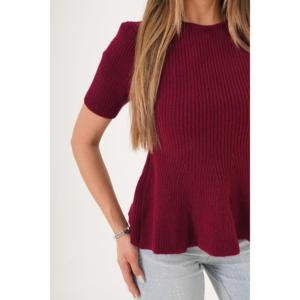 Pull en gros pour femmes, couleur bordeaux, style décontracté, manches courtes, ourlet à volants, décoration boutonnée, tricot imprimé pour l'été et l'hiver - Product Image 1