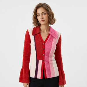 Cardigan en tricot doux et moelleux à rayures, col en V, manches lanternes colorées, boutons, pour femme, collection automne-hiver - Product Image 1