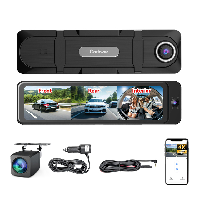 3 Channel 4K Fisheye GPS WiFi 10.99 Inch Night Vision 4K Front and Rear Dashcam Carlover Car Dvr Camera AI Dash Cam Factory
