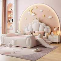 Prinzessinnen-Stil Kinderbett mit Rutsche, Kronen-Muschel-Kopfteil, Vollständigem Schutzgeländer, Weich Gepolstertes Kinderbettgestell für Schlafzimmer-Dekoration