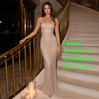 Robe de soirée personnalisée de luxe en maille ornée de strass pour femme, bretelles spaghetti, coupe ajustée, robe longue