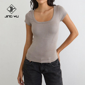 Diseño de fábrica de camisetas de rayón acanaladas personalizadas, de manga corta, cuello redondo, ajustadas y de estilo casual a la moda. - Product Image 1