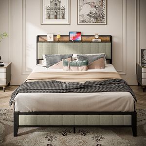 Estructura de cama de tamaño completo DB con estación de carga, cabecero tapizado Gris y plataforma de metal, muebles de almacenamiento para dormitorio y apartamento - Product Image 1