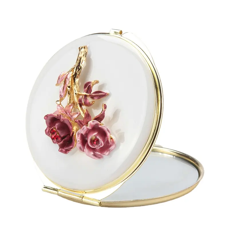 7cm joyería espejo compacto Mini Metal espejo de maquillaje señoras plegable de bolsillo espejo Rosa flor diseño