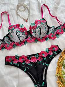 Nouveau Style rétro mode Sexy Hottie Lingerie soutien-gorge et culotte Rose dentelle brodée ensemble de sexe transparent - Product Image 3