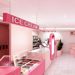 Tienda de Té y Helados de Estilo Dulce y Femenino con Vitrina Abierta, Estantes Rosados Escalonados e Iluminación LED Integrada - Product Image 2