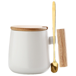 Ceramic <b>Mug</b> With Wooden Handle And Lid Set Solid Color Office Drinkware For Couples Gift - Product Image 5