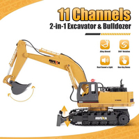 Excavatrice télécommandée sans fil 2,4 GHz à l'échelle 1:16, 11 canaux, en métal moulé sous pression, avec effets sonores et lumineux réalistes Hina 1531