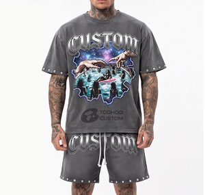 Wholesale Men's Vintage Acid Wash T-Shirt and Shorts Set Custom <b>Logo</b> Heavyweight 300gsm Streetwear 2 Piece Tracksuit Supplier - Product Image 1