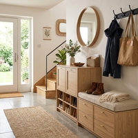 Armoire à chaussures haute, meuble de rangement pour chaussures, sur mesure OEM, grain de bois chêne clair avec banc pour entrée et couloir