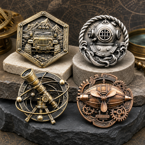 Badges métalliques moulés sous pression 3D personnalisés, finition laiton antique, argent, cuivre, pour véhicules Explorer, casques de plongée, télescopes, dirigeables et épingles - Product Image 1