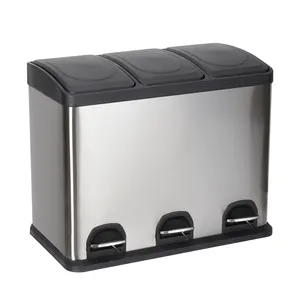 Steel Pedal Recycle Bin With 3 Separate Compartments Waste Rubbish Bin