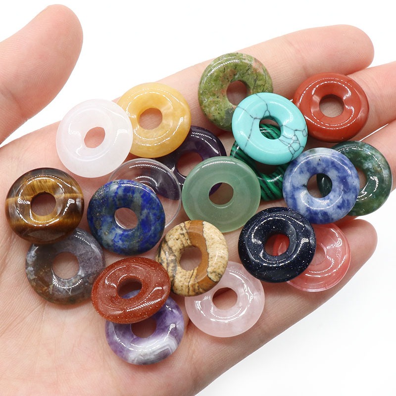 18mm Donuts Stone Beads Rondelle Stone with 6mm Large Hole Loose Gemstone Beads for Jewelry Making Good Luck Coin Wealth Pendant
