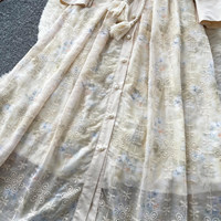 Robe chemise midi élégante rose brodée pour femme, coupe trapèze, manches longues, col à revers, ceinturée, pour le quotidien