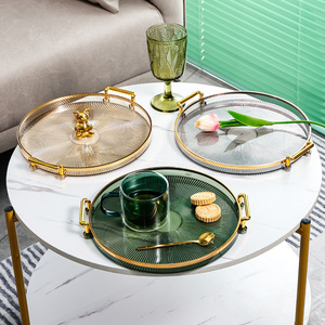 Light luxury round plastic serving tray household storage tray beauty salon coffee tea cup acrylic tray with gold handles