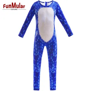 Kostum Sonic Jumpsuit, kostum Halloween anak-anak, Gaun karakter film, Bodysuit satu potong