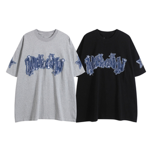 Camiseta de Manga Corta para Hombre, Estilo Americano, con Parches de Mezclilla y Estampado de Leopardo, Formal, de Seda/Algodón, Holgada, 300 Gramos, Versátil - Product Image 4