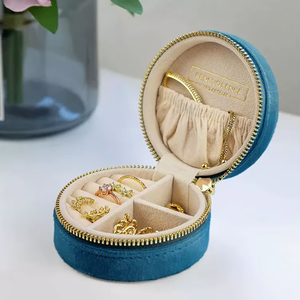 Boîte à bijoux ronde en velours avec doublure en faux daim, fermeture éclair, anti-poussière, rose, organiseur de rangement de voyage - Product Image 2