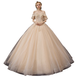 Champagne Color Ball Gown Wedding Dress Off Shoulder Sweetheart Neckline Empire Waist Train Simple Style For Brides - Product Image 5