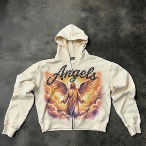 เสื้อฮู้ดดี้ผ้าคอตตอน 100% หนัก 400 กรัม รุ่น TKAN785D สตรีทแวร์แบบกำหนดเอง โลโก้ประดับเพชร ทรงโอเวอร์ไซส์ลำลอง ซิปเต็มตัว เสื้อฮู้ดดี้ผู้ชาย - Product Image 1