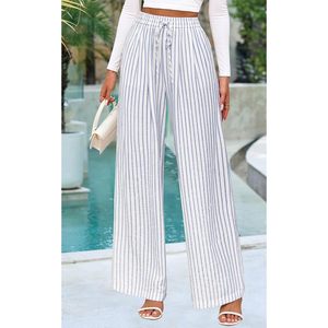 Pantalones anchos para mujer, cintura elástica, tiro alto, ligeros, informales, transpirables, estilo palazzo, para estar en casa - Product Image 2