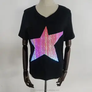 Светодиодная оптоволоконная футболка для женщин-женская футболка с V-образным вырезом для вечеринки-тянущаяся черная светящаяся футболка