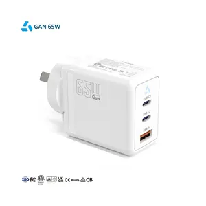 Gan pengisi daya portabel dengan PPS 3 port, pengisi daya PD QC3.0 steker AU 65W adaptor untuk ponsel 14 Macbook Laptop OEM/ODM Shenzhen Usb C