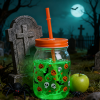 Impression personnalisée en gros 15oz 450ml tasse à café de jus d'eau peut façonner le verre à bière avec paille et couvercle en bambou pour Halloween
