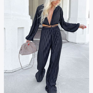 Ropa de calle <span class=keywords><strong>Chaleco</strong></span> de verano Alto, Pantalones acampanados de cintura Mujeres Conjuntos de 2 piezas Algodón Lino Coords Cuello en V Conjuntos de botones sin mangas/ - Product Image 4