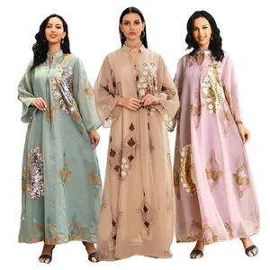 Vestido Abaya de malla con lentejuelas bordadas para mujer, vestido musulmán AB162 de Oriente Medio con flores bordadas