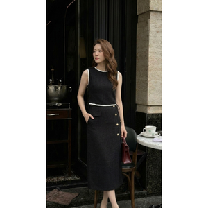 Vestido de Oficina Negro sin Mangas para Mujer, Elegante Vestido Midi de Moda con Bolsillo y Botones Dorados, Diseño Personalizado, Precio al por Mayor - Product Image 1