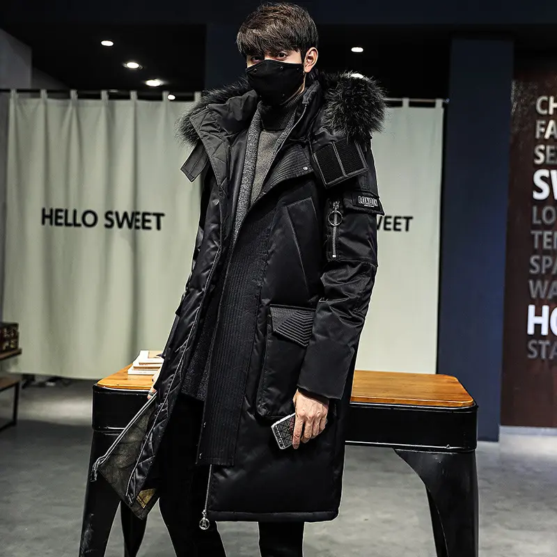 Manteau Long d'hiver japonais noir pour hommes, veste en duvet, Parka en fourrure, Long Trench-Coat pour hommes