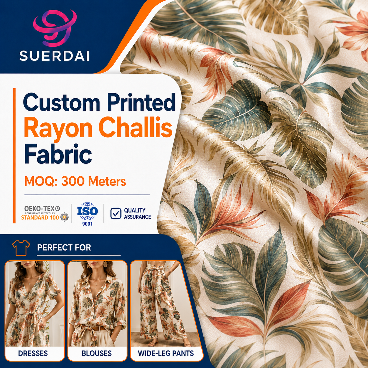 Womenswear Brands Rayon Woven Printed Fabric for Women Dress Pants Bulk Dress Orders Wholesale by Roll Fabric Supplier
