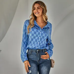 2023 dài tay áo rắn phụ nữ thanh lịch quần áo nút phía trước Chemise Femme văn phòng blusas de Moda phụ nữ Jacquard rô Áo sơ mi