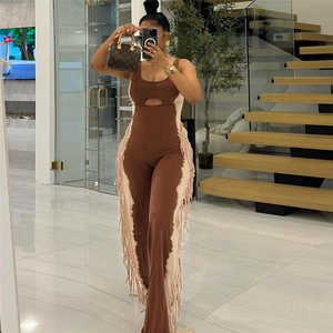 Combinaison sans manches pour femme avec découpes, couleur contrastante, franges et jambes larges, personnalisable - Product Image 2
