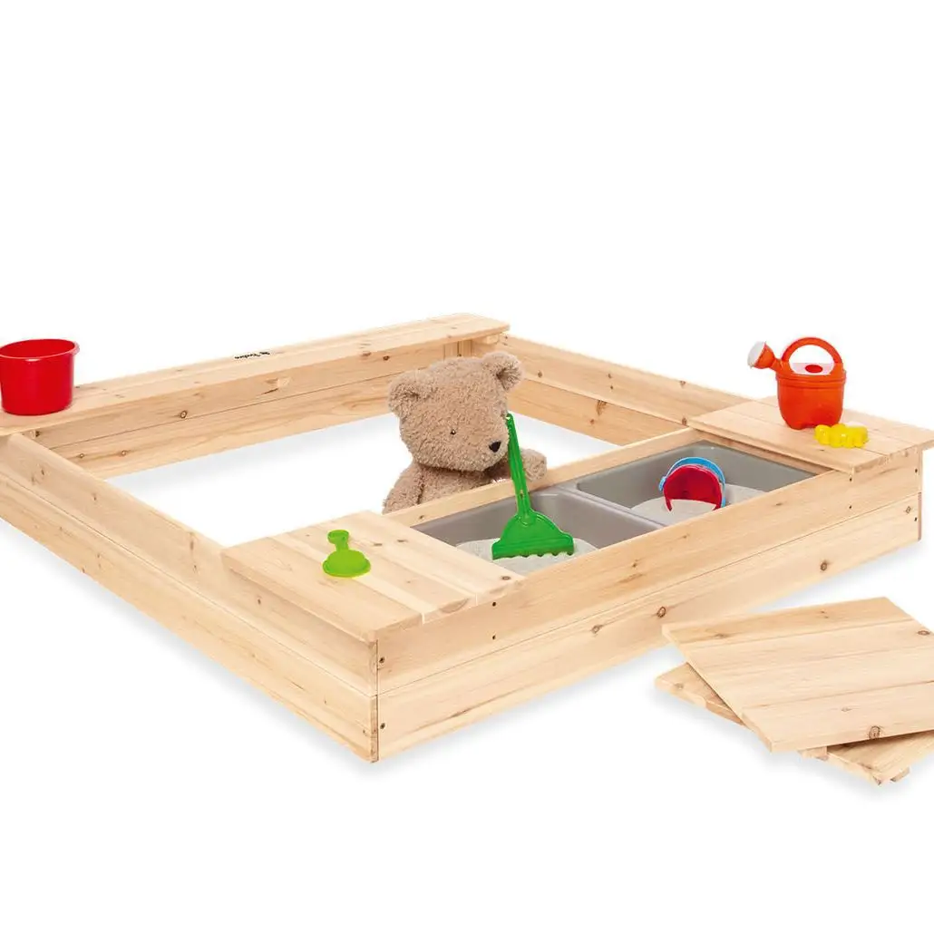 Große wasserdichte Unisex-Batterie aus Holz mit Abdeckung Kinder-Sandplatz-Bänke und zwei Aufbewahrungs-Eimer Sandkasten für den Innen- und Außeneinsatz