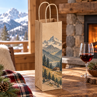 Sac cadeau pour vin en papier kraft à poignées torsadées, imprimé en relief des sommets alpins, pour une bouteille - Marron naturel