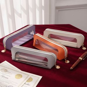 PU Leather Clear PVC Zippered Pencil <b>Case</b> Pen Bag Customizable Logo 20x5.2x6.5cm-Portable <b>Makeup</b> <b>Brush</b> Bag for Stationery - Product Image 3
