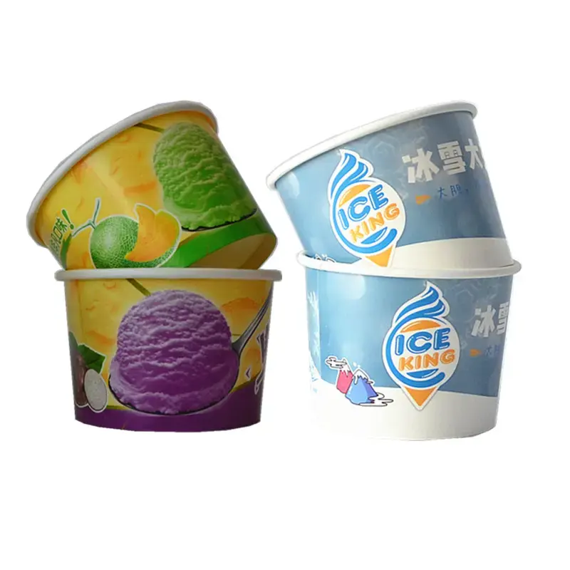 Gıda sınıfı tek kullanımlık ambalaj kağıt dondurma bardağı özel baskılı 3oz 5oz 8oz kapaklı dondurma kağıt küvet