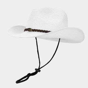หมวกคาวบอยสไตล์ตะวันตกหมวกกันแดดชายหาดทอวันหยุดปีกกว้างพร้อมเชือกกันลมและหมวกฟางบังแดด - Product Image 1