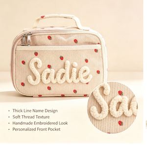 <b>Etsy</b> Personalized Chunky-Knit Hand-Embroidered Semicircle Strawberry Lunch Bag Stylish Womens Handheld Work Box Pouch Everyday - Product Image 2