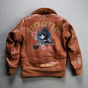 نمط G1 مفجر طيار تطريز معاطف جلد طبيعي للرجال طوق صوف جلد البقر والجاكيت جلد الماعز - Product Image 4