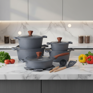 Luxury White Die Cast Aluminum Cookware Set 15pcs Textured Diamond Pattern Non-Stick Pots and Pans With Wood <strong>Knobs</strong> Casseroles - Product Image 2
