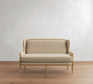 Magnifique canapé <span class=keywords><strong>vintage</strong></span> américain en chêne, causeuse en tissu de lin de taille personnalisable, canapé deux places de luxe en bois authentique sculpté à la main - Product Image 3