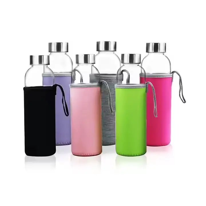 Factory Sale Beverages Juice 18oz Glass Water Bottles 500ml 750ml Sports Water Bottle With Silicone Sleeves and Stainless Steel