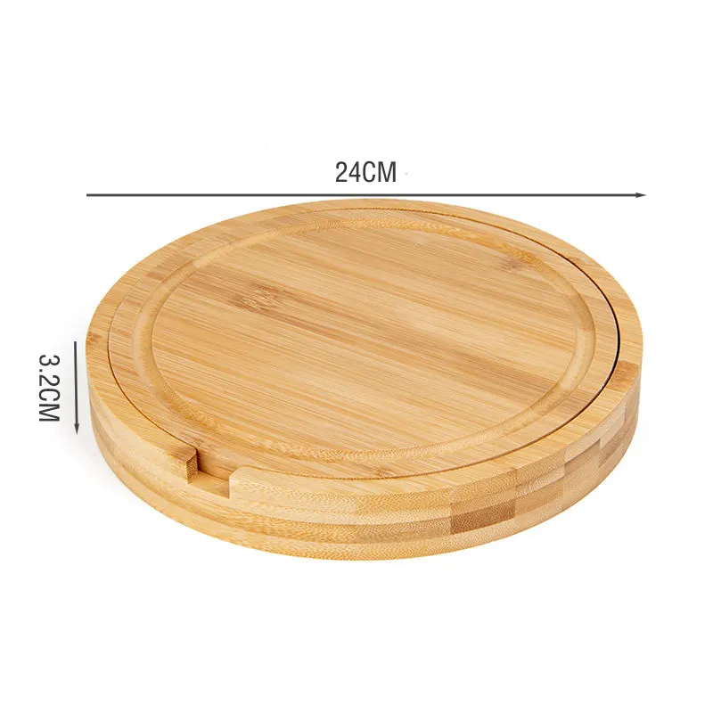 Katlanabilir bambu peynir tahtası seti yuvarlak peynir kesme tahtası yuvarlak peynir bıçağı 4-piece bambu kesme tahtası seti