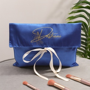 Reusable Custom Logo Printed Blue Satin <b>Envelope</b> Cosmetic Wallet Handbag Dust Pouch With Ribbon Tie Lingerie Gift Hair Wig Bag - Product Image 5