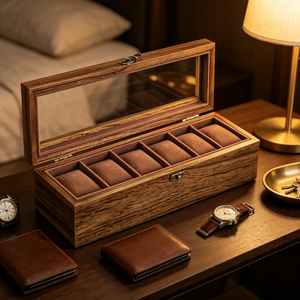Boîte à montres vintage en bois avec couvercle en verre transparent, 6 emplacements, coussin en velours, étui de rangement pour montres, boîte de présentation pour montres-bracelets pour hommes, boîte cadeau - Product Image 5