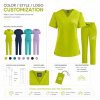 Ensemble d'uniformes médicaux pour femmes à col en V et manches courtes, en fibre de polyester antibactérienne, plusieurs couleurs unies, personnalisable sur la poitrine/les jambes