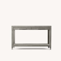 Console élégante et moderne en shagreen gris durable avec deux tiroirs, poignées de barre dorées brossées, pieds coniques à finition dorée, étagère pour entrée